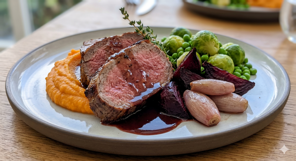 Sliced medium-rare beef eye fillet with red wine jus, sweet potato mash, roasted beets, and mixed greens.