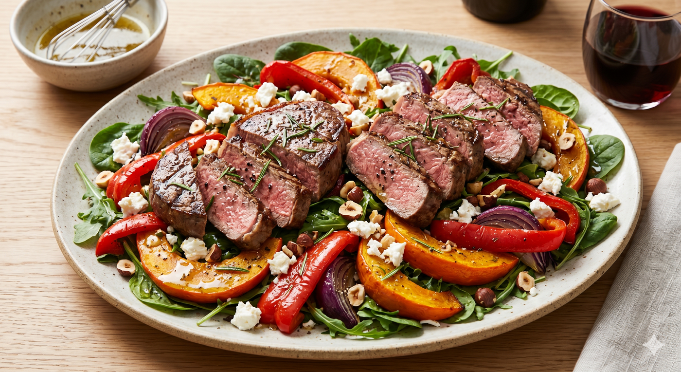 Sliced medium-rare porterhouse steak salad with roasted pumpkin, peppers, feta, and hazelnuts.