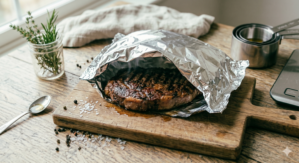 Cooked steak resting under a loose foil tent before slicing