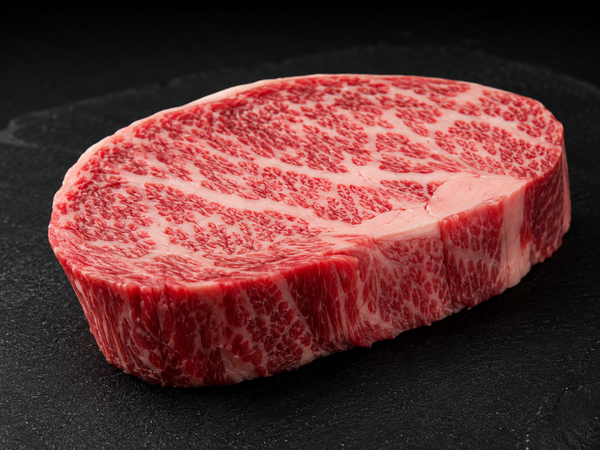 Raw Wagyu beef steak with intense marbling on a dark board