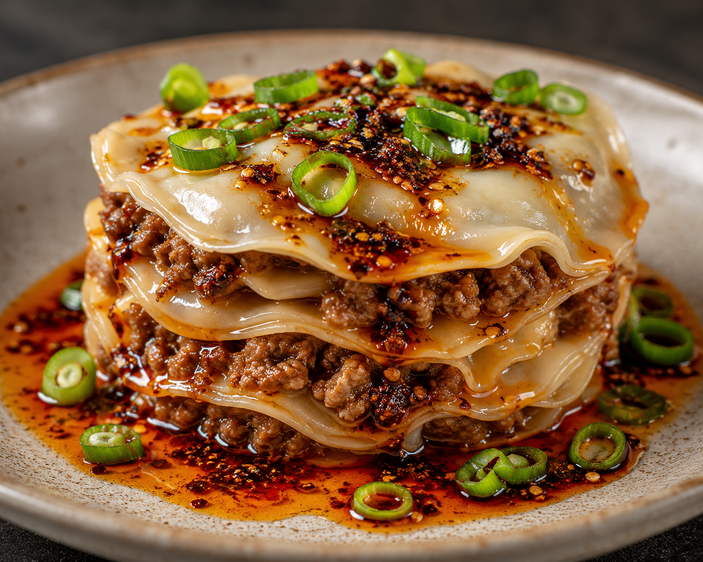 Wagyu beef dumpling lasagne layered with gyoza wrappers and topped with soy chilli oil