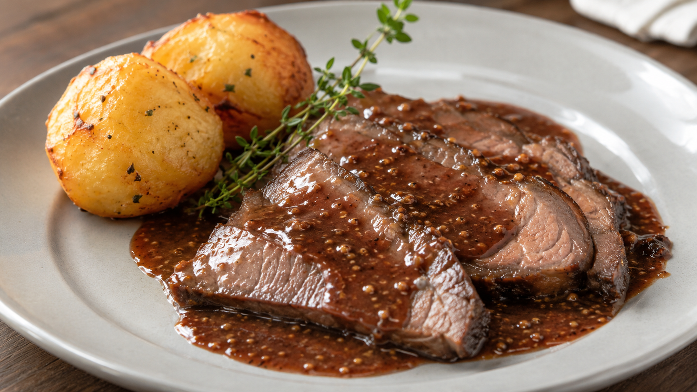 Sliced bolar blade roast with red wine mustard gravy on a serving platter