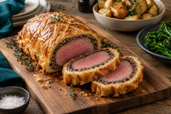 Sliced beef Wellington showing a pink grass-fed eye fillet centre wrapped in duxelles and puff pastry