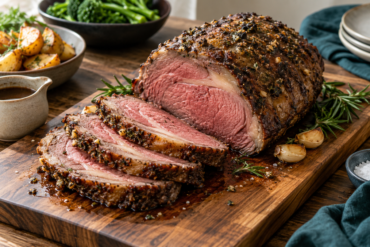 Carved scotch fillet roast with a garlic and rosemary crust and an even pink centre
