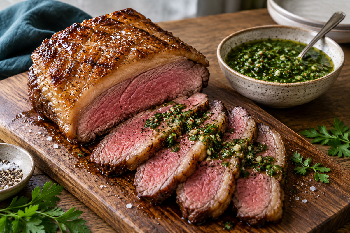 Sliced roast picanha with a crisp scored fat cap, pink centre and chimichurri