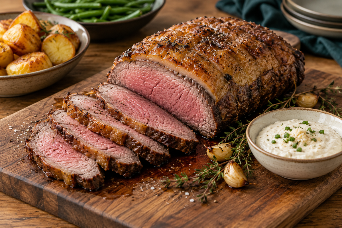 Carved sirloin roast with a scored fat cap, pink centre and horseradish cream