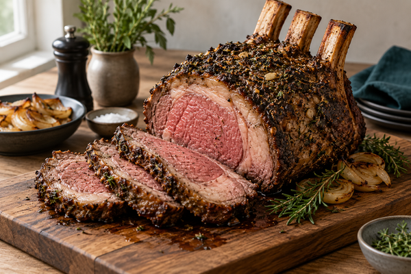 Carved standing rib roast on the bone with a herb crust and pink centre