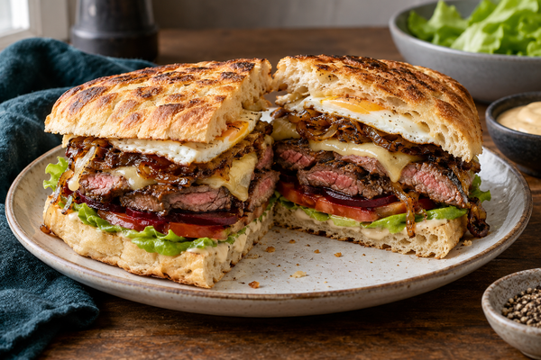 Cross-section of an Aussie steak sandwich with steak, beetroot, egg and caramelised onion