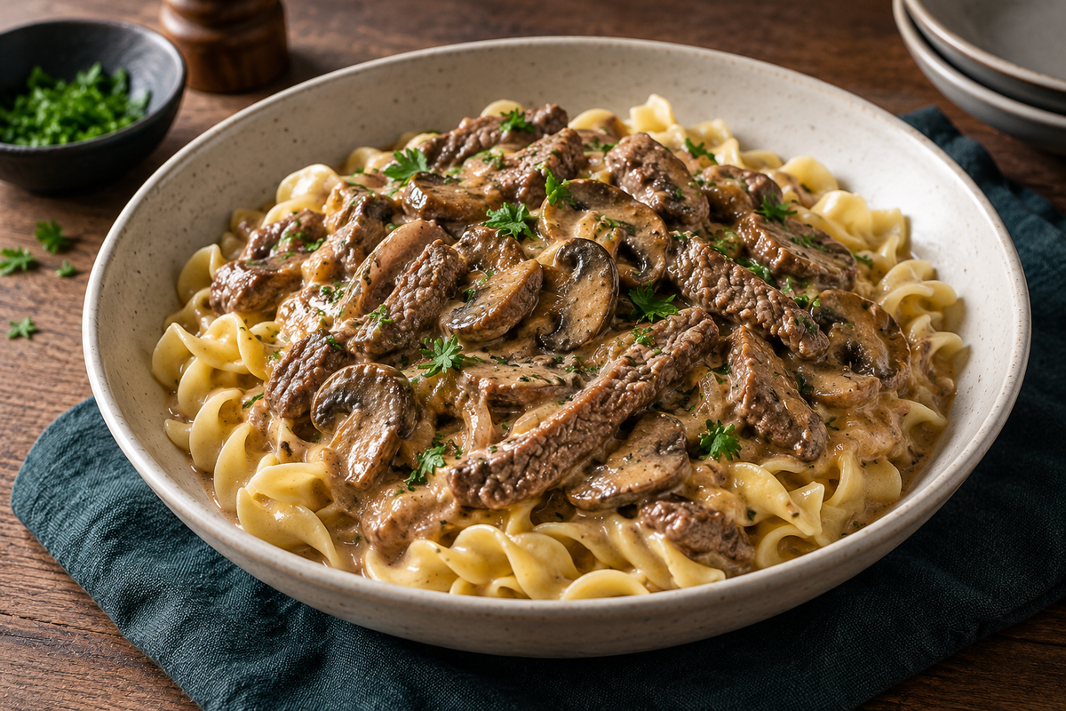 Classic beef stroganoff with grass-fed rump strips and mushrooms over buttered egg noodles