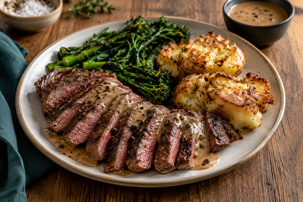 Sides for steak with porterhouse, smashed potatoes and broccolini