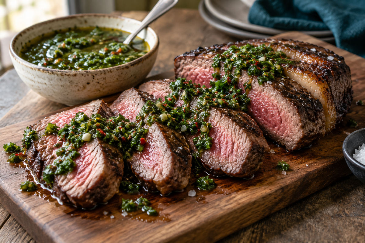 Hand-chopped chimichurri sauce spooned over sliced grilled grass-fed rump cap