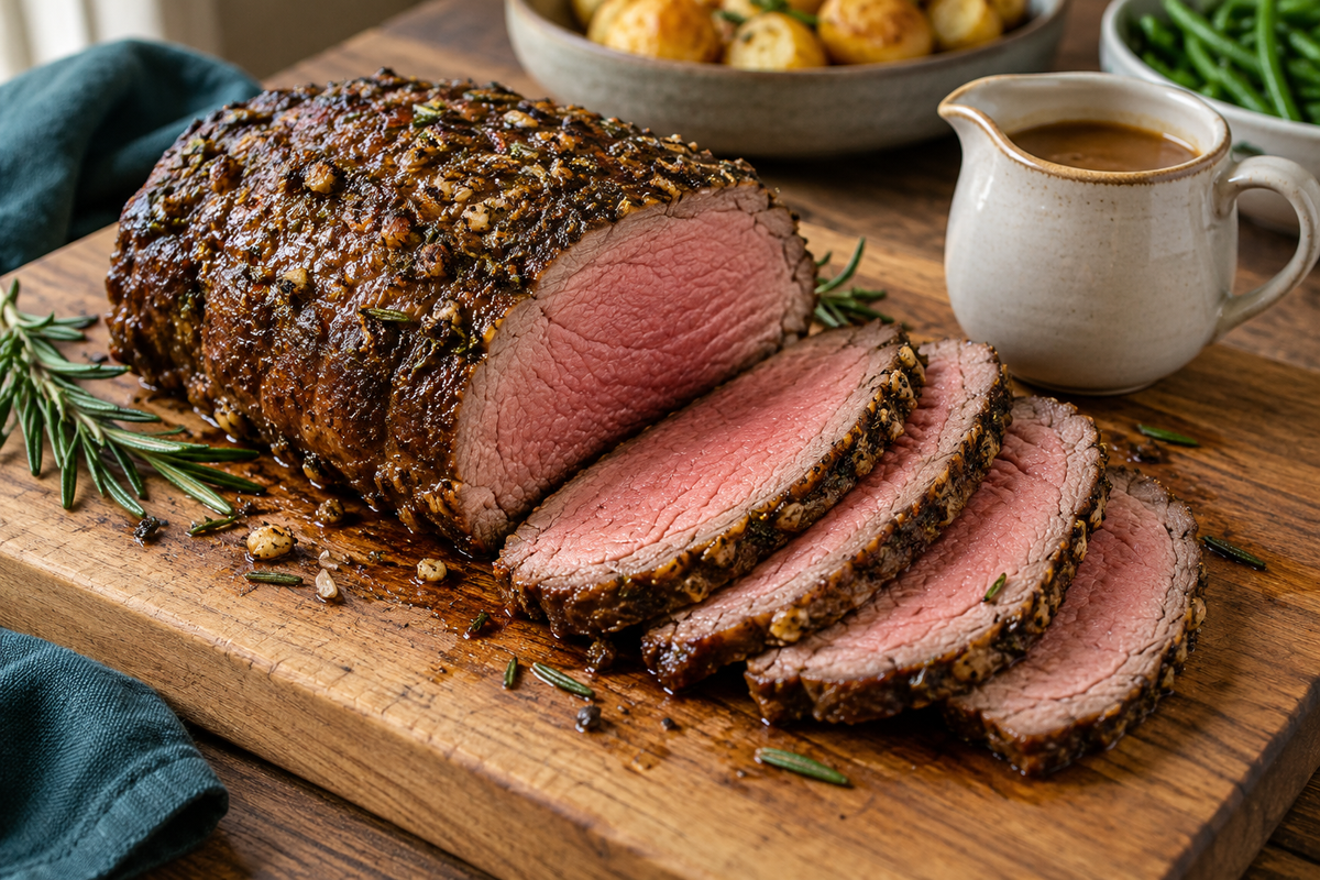 Sliced roast rostbiff (rump centre) with an even pink centre and a garlic and rosemary crust