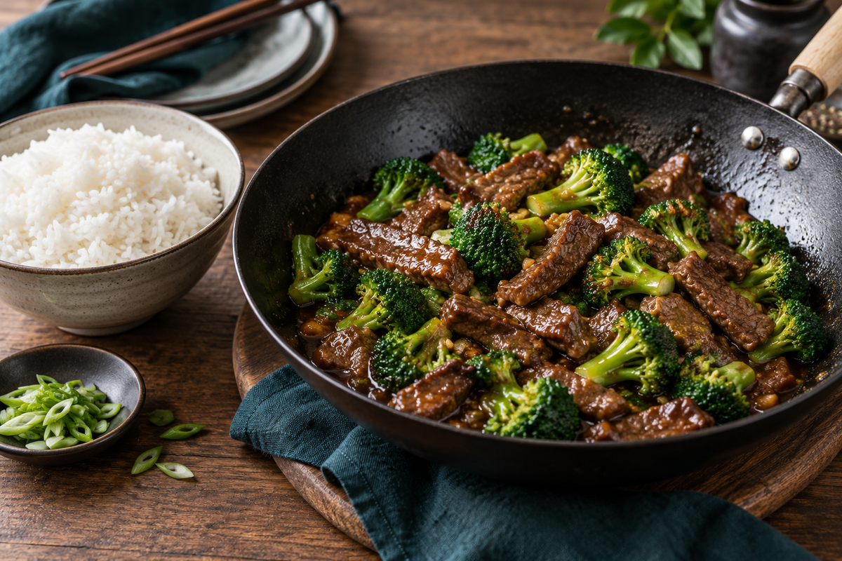 Beef and broccoli stir fry made with thinly sliced grass-fed rump in a glossy oyster sauce