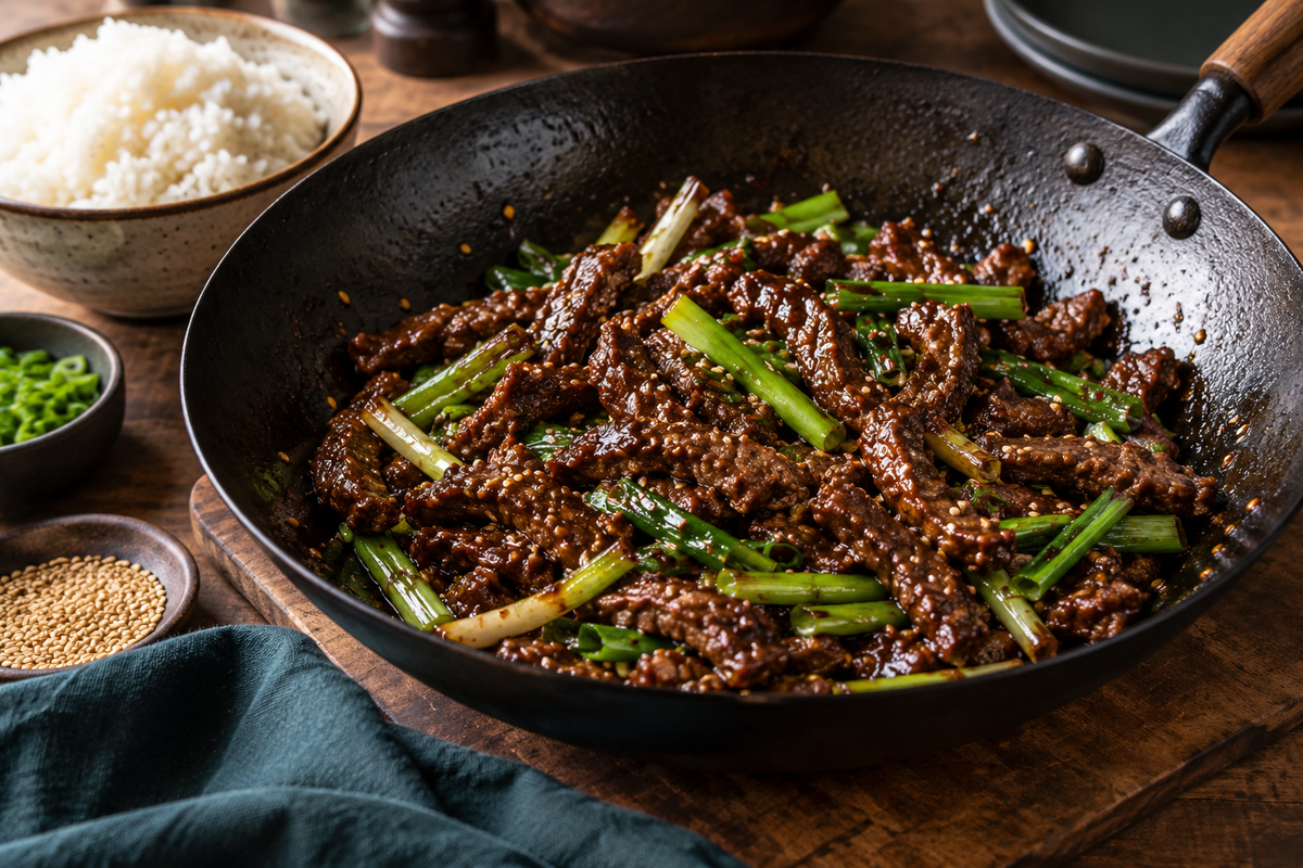 Crispy Mongolian beef made with grass-fed rump in a wok with spring onions and sesame seeds