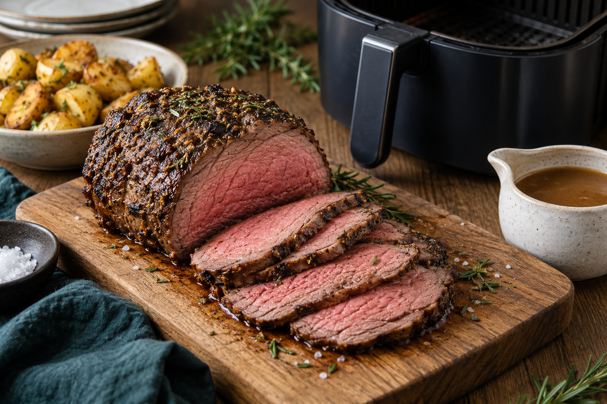 Roast beef cooked in an air fryer, sliced to show an evenly pink grass-fed rostbiff