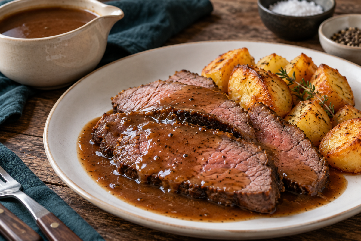 Roast beef slices with brown pan gravy and golden roast potatoes