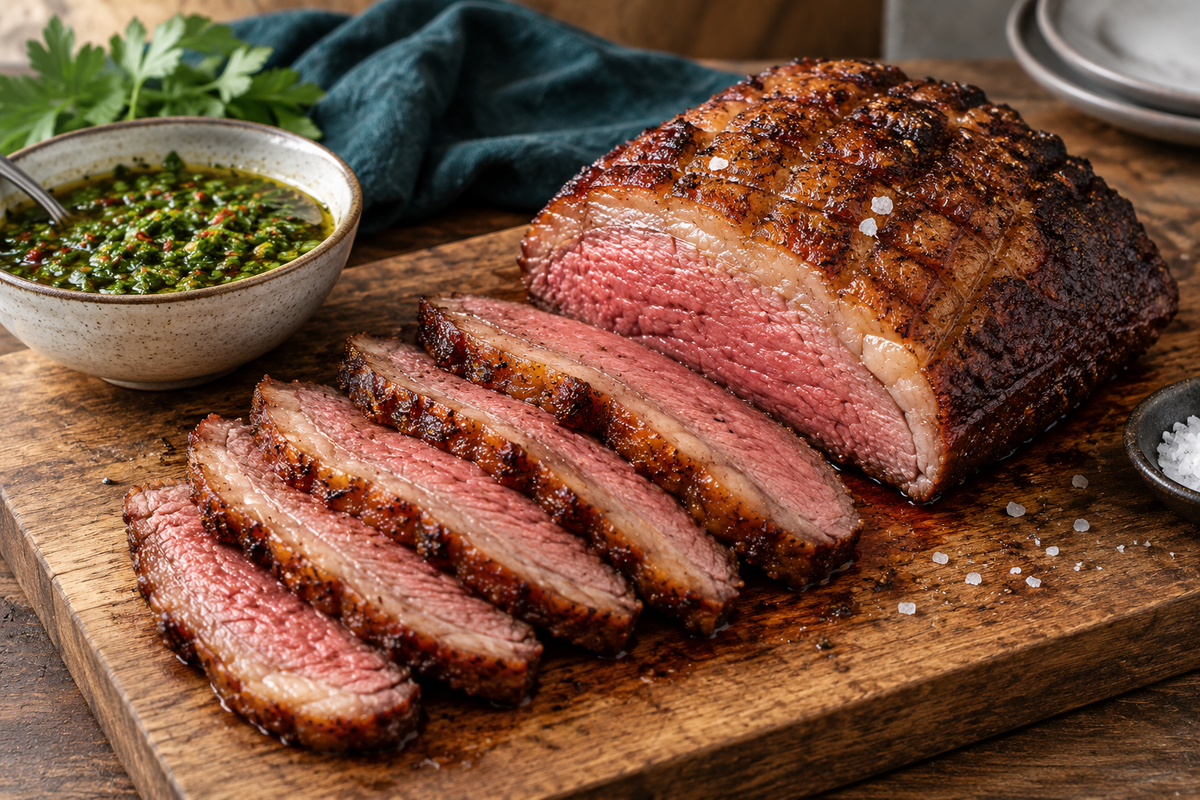 Sliced smoked rump cap (picanha) showing the smoke ring, medium-rare centre and crisp fat cap