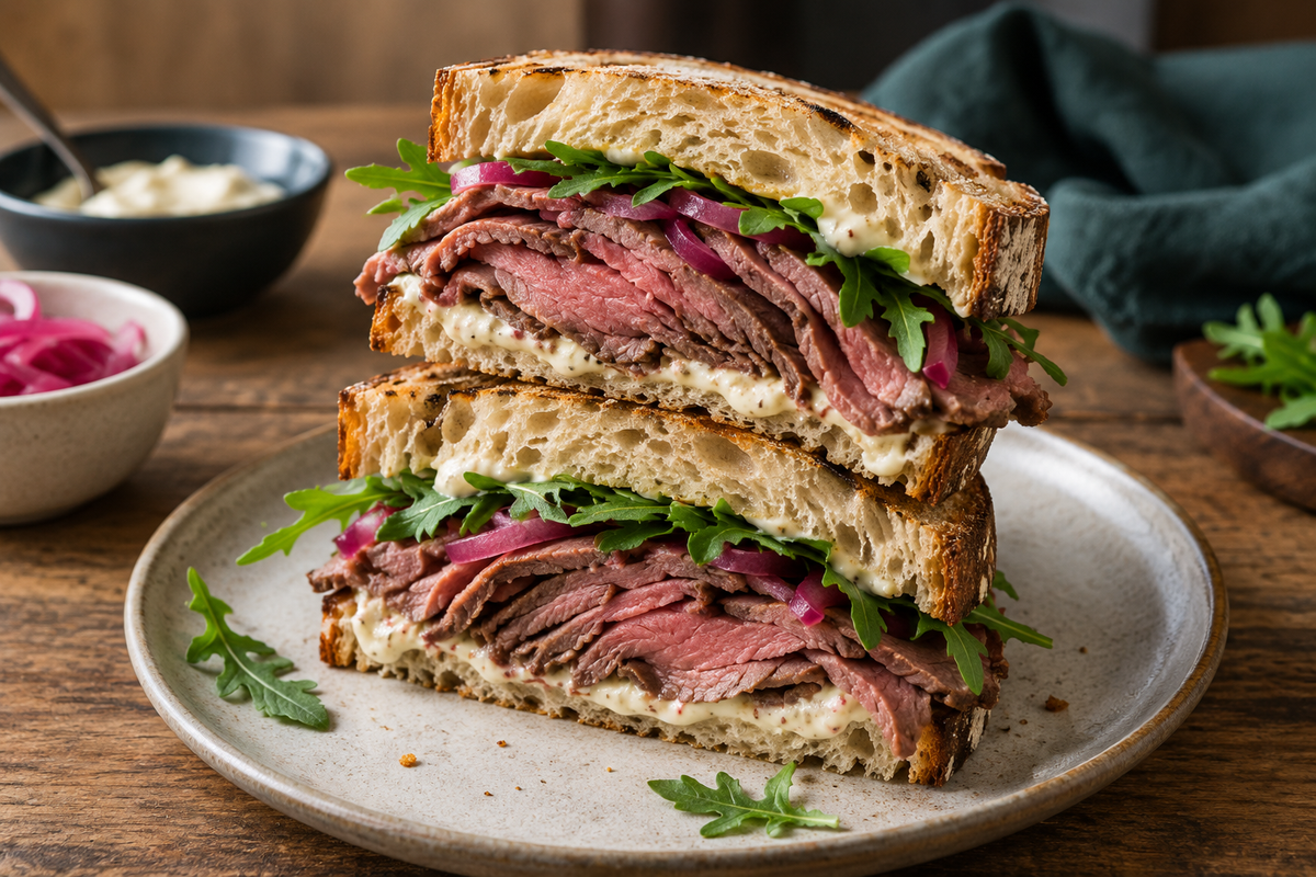 Roast beef sandwich with thin-sliced grass-fed rostbiff, horseradish mayo, pickled onion and rocket