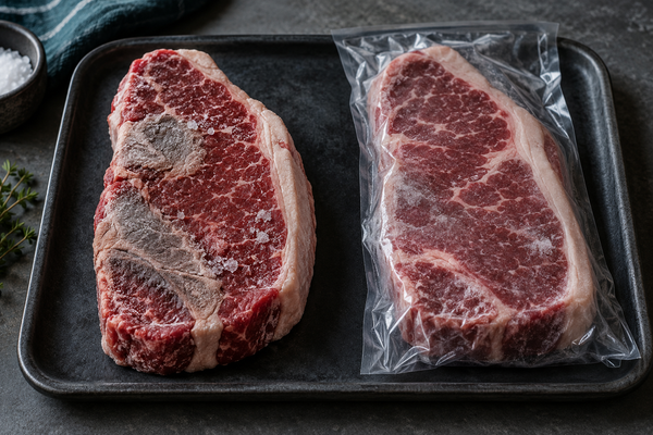 Frozen steak with dry freezer burn patches beside an intact vacuum sealed steak