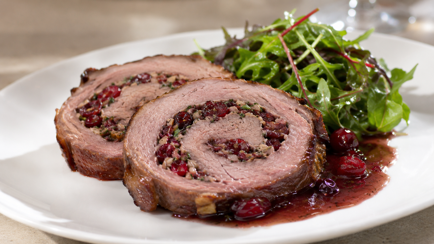 Sliced cranberry-stuffed oyster blade roast showing the herb stuffing spiral