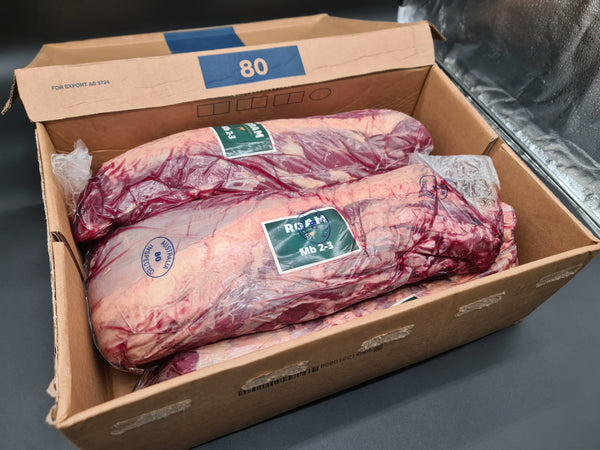 Raw grass-fed MB2+ scotch cube roll from Roam, whole marbled ribeye beef