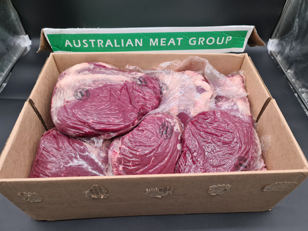 Raw 100% grass-fed Black Angus rostbiff, whole rump with the cap removed, AMG beef
