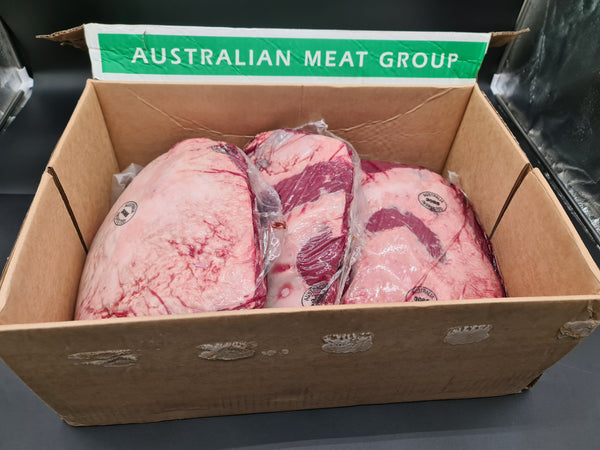 Raw 100% grass-fed Black Angus whole rump primal including picanha, AMG beef