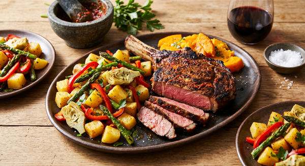 Sliced medium-rare tomahawk steak platter with roasted vegetables, orange mash, and red wine on a wooden table.