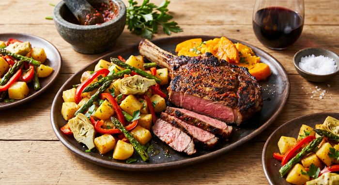 Sliced medium-rare tomahawk steak platter with roasted vegetables, orange mash, and red wine on a wooden table.