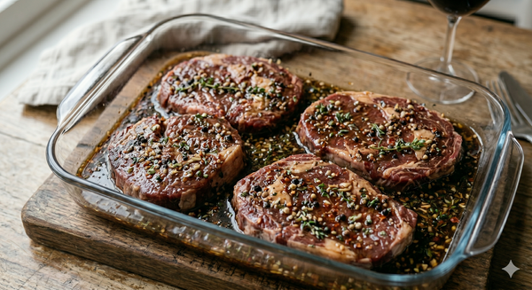 Beef steaks marinating in a dish of herbs, oil and seasoning