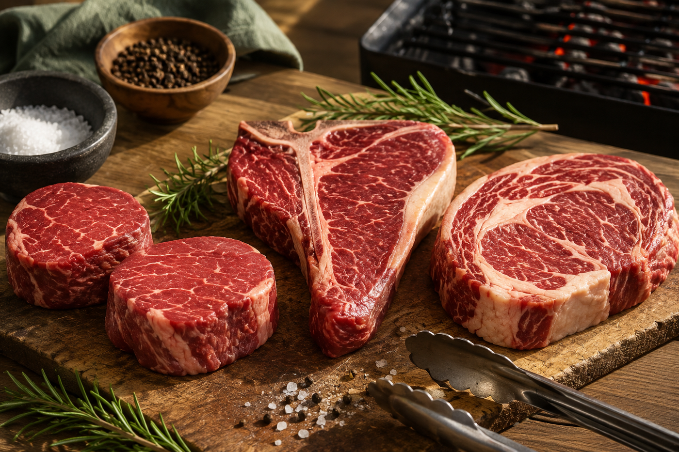 Selection of premium steak cuts for a BBQ including scotch fillet and porterhouse