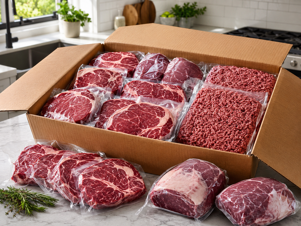 Bulk meat box of vacuum-sealed Australian beef cuts ready to portion and freeze