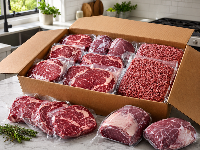 Bulk meat box of vacuum-sealed Australian beef cuts ready to portion and freeze