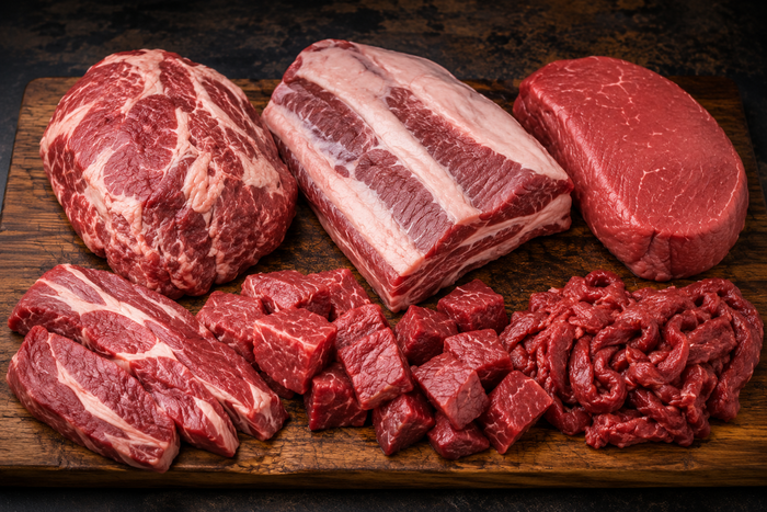 Selection of cheaper beef cuts including chuck, brisket and rump on a butcher block
