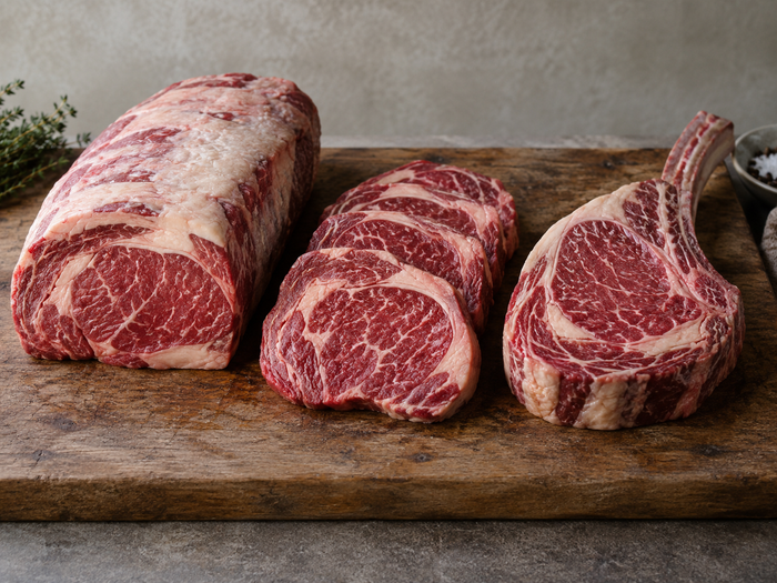Cube roll, scotch fillet and bone-in rib eye fillet shown side by side