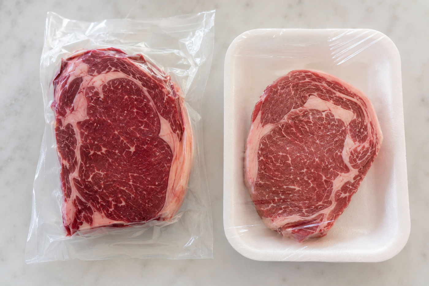 Grass-fed delivered steak beside a supermarket meat tray comparing meat delivery vs supermarket