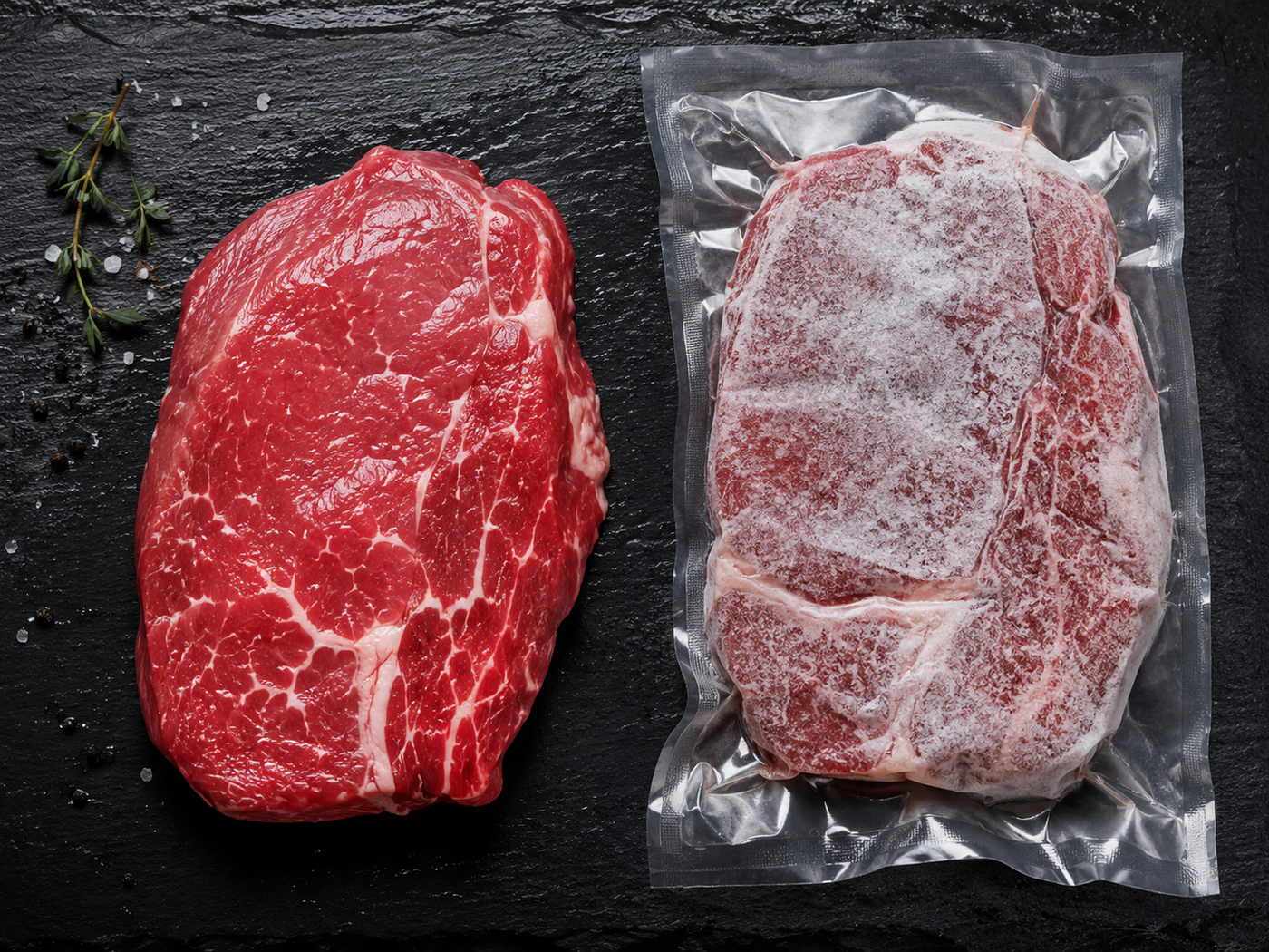 Fresh chilled steak beside a vacuum-sealed frozen steak comparing delivery options