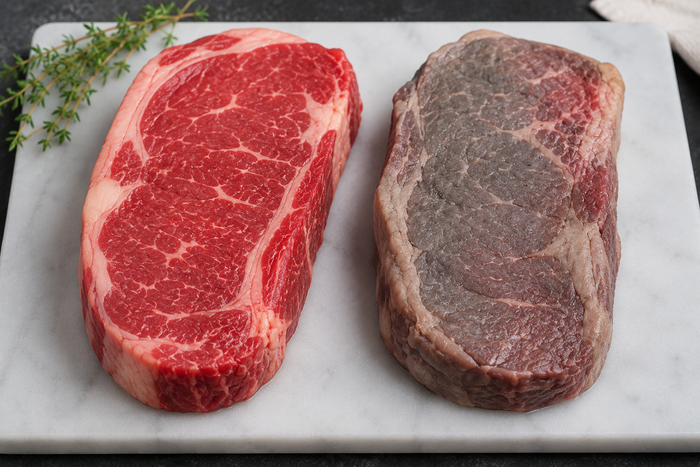Fresh red steak beside a dull, off-coloured steak for comparison