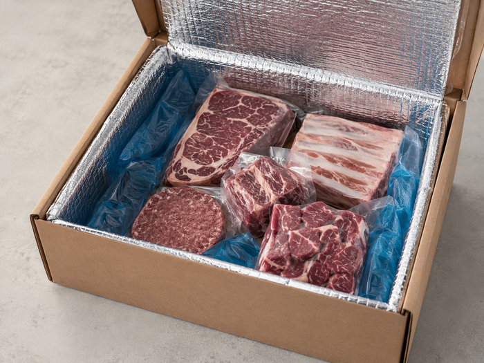 Insulated meat delivery box packed with vacuum-sealed Australian meat and chilled gel packs