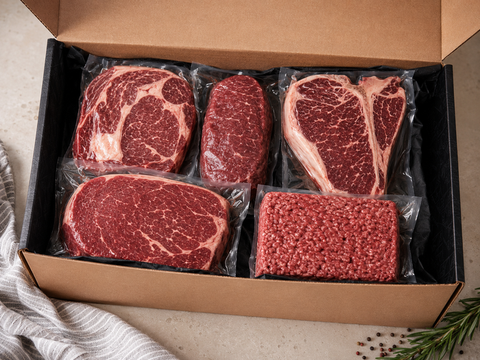 Open Australian meat subscription box filled with vacuum-sealed grass-fed cuts