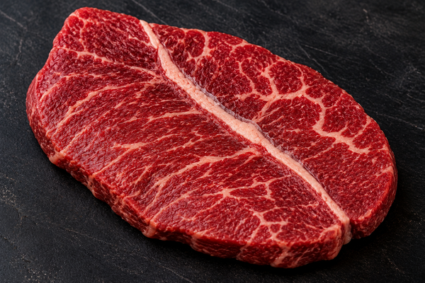 Raw oyster blade steak showing the central line of sinew