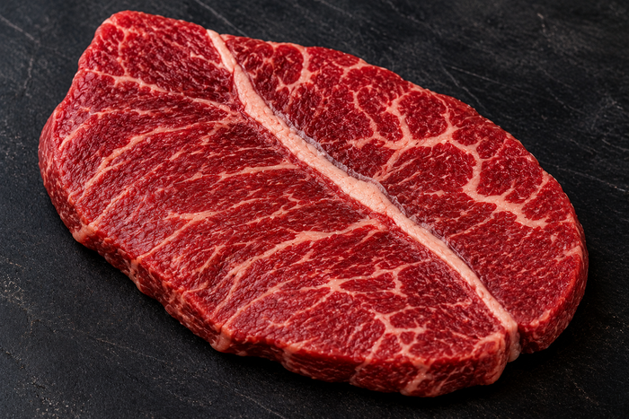 Raw oyster blade steak showing the central line of sinew