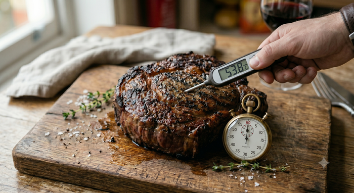 Perfectly cooked steak showing precise internal temperature and timing