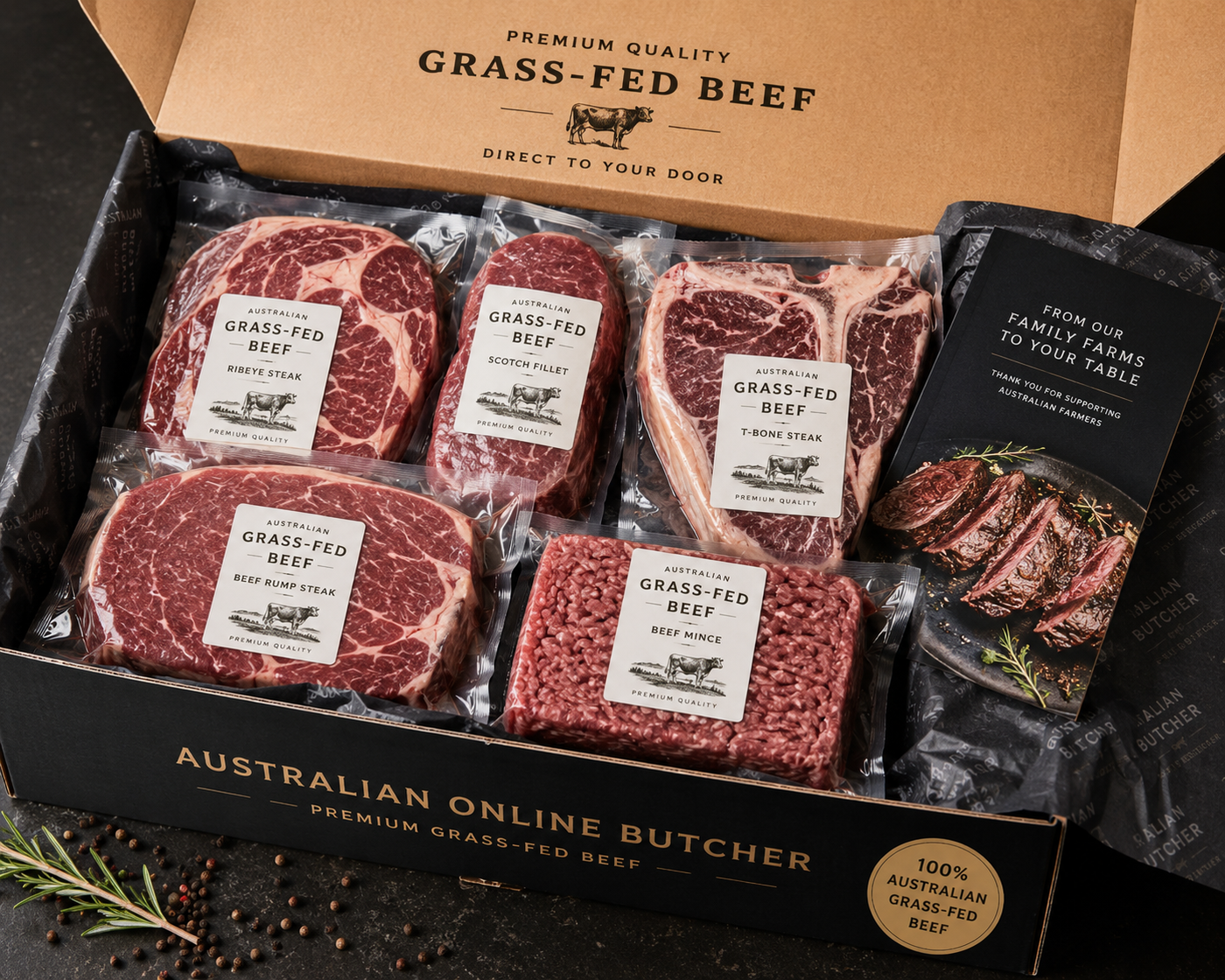 Premium grass-fed beef delivery box from an Australian online butcher