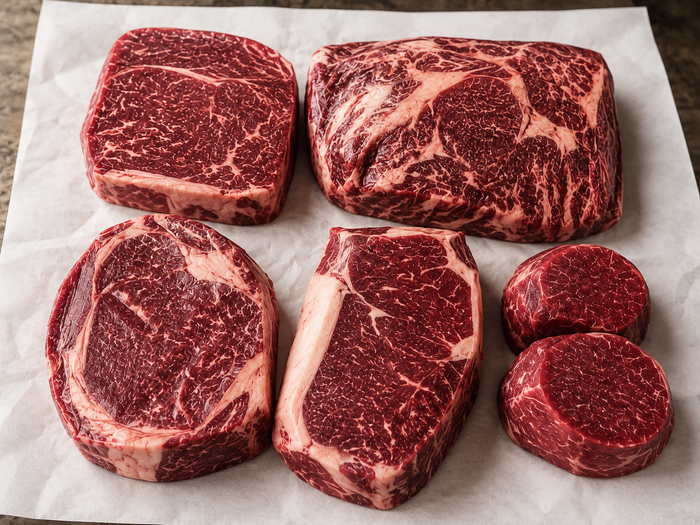 Raw Angus beef steaks with even marbling on butcher paper