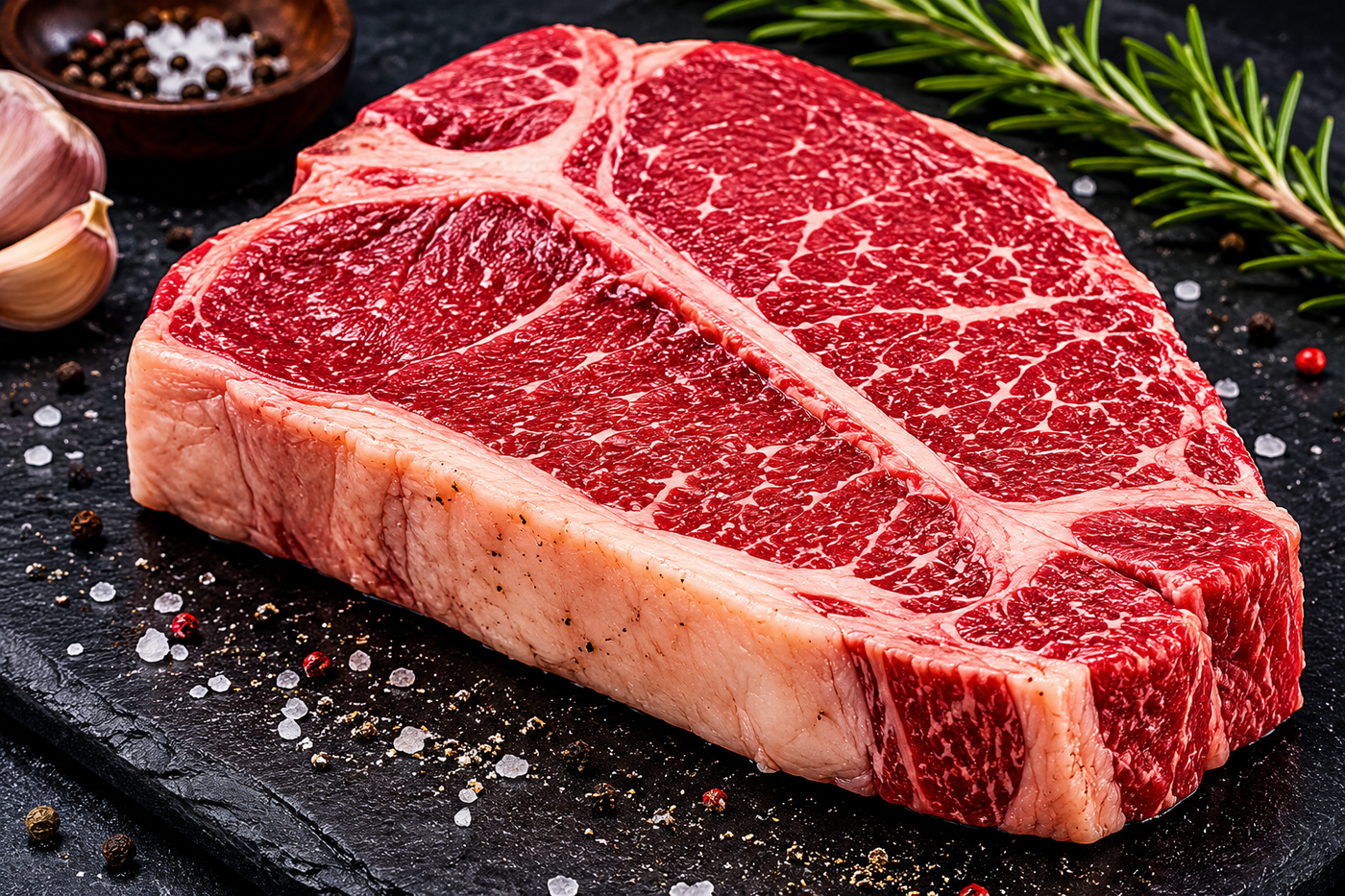 Raw porterhouse steak with a thick fat cap and striploin eye