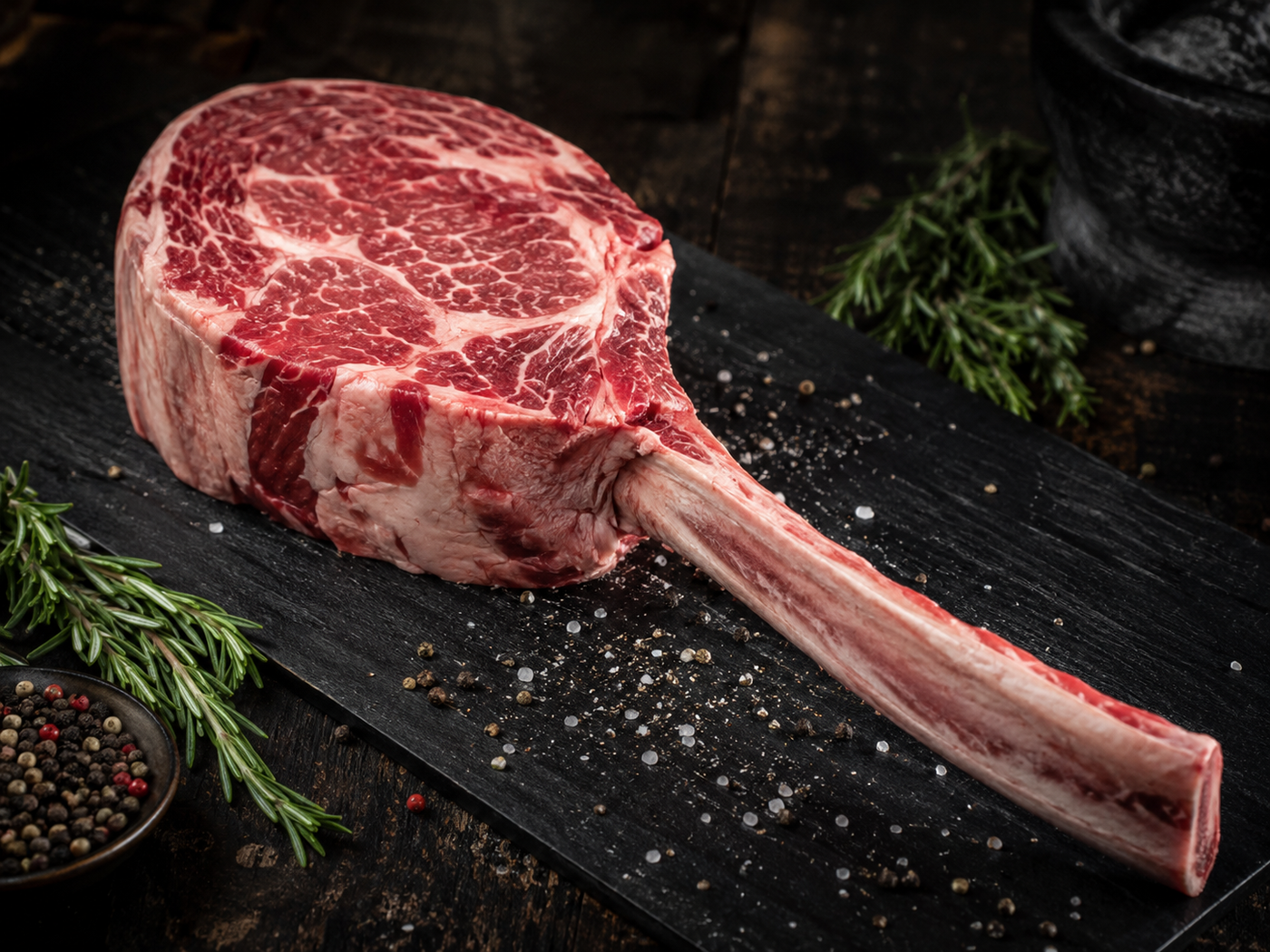 Raw tomahawk steak with a long frenched bone and marbled rib eye