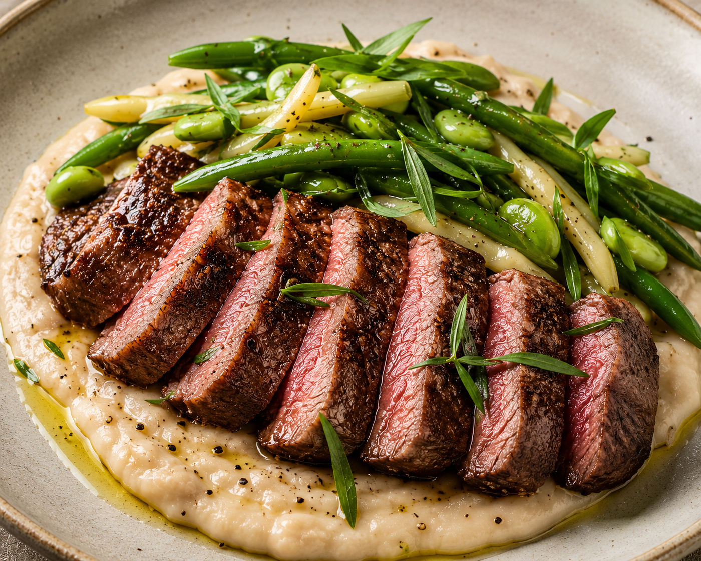Sliced scotch fillet steak served over white bean puree with green beans and tarragon