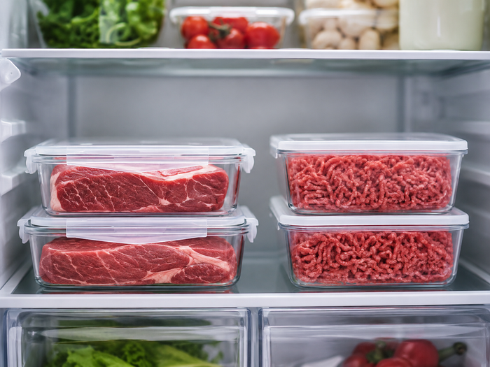 Raw meat stored safely on the bottom shelf of a fridge