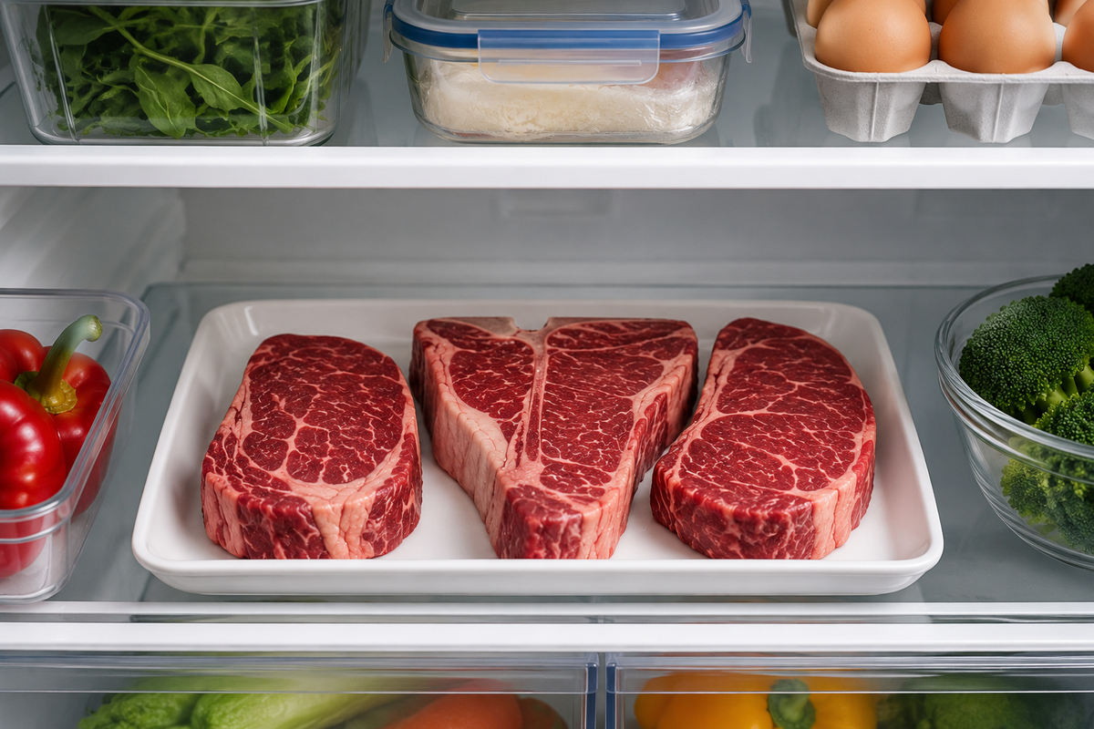 Raw steak stored on a plate in the fridge to keep it fresh